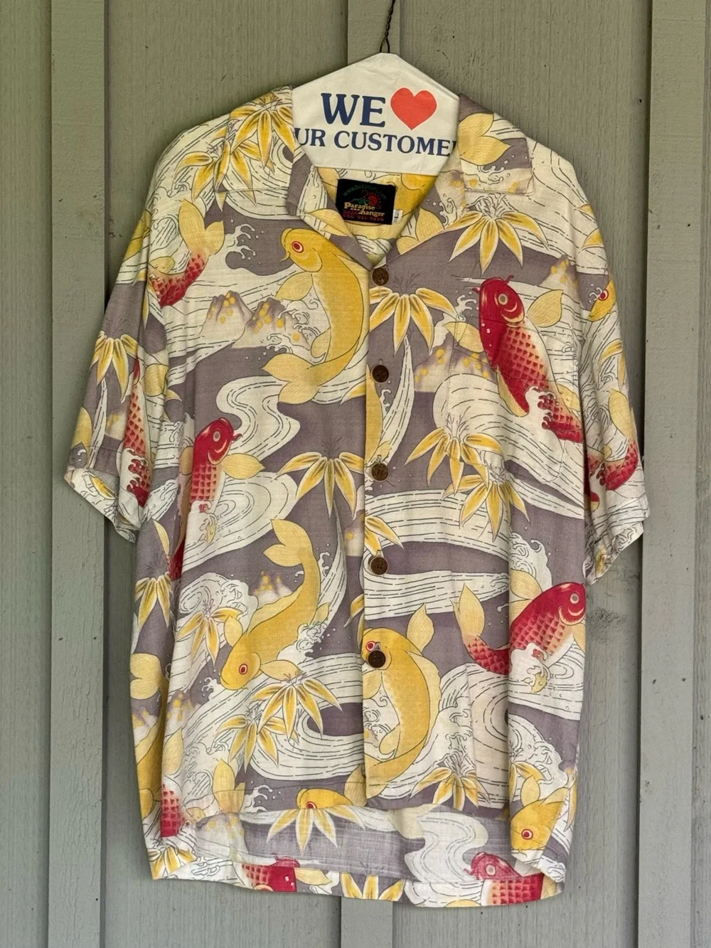 Vintage Paradise on a Hanger Men’s Yellow & Red Koi Print Hawaiian Shirt, L